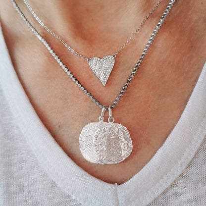 COLLIER COINS AVEC ZIRCONIUM BLANC ET 2 MÉDAILLES ARGENT