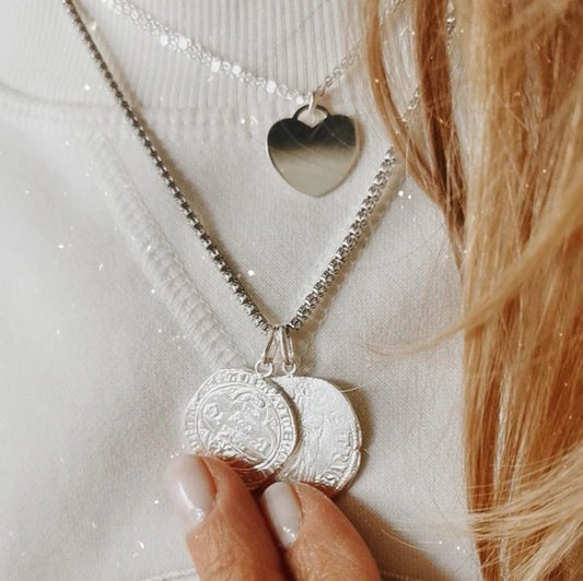 COLLIER COINS AVEC ZIRCONIUM BLANC ET 2 MÉDAILLES ARGENT