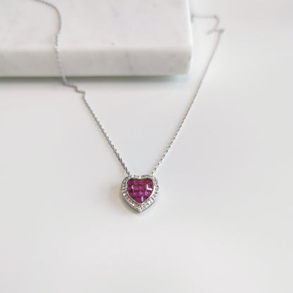 COLLIER COEUR MOSAIQUE TOURMALINE ROSE ET ZIRCONIUM