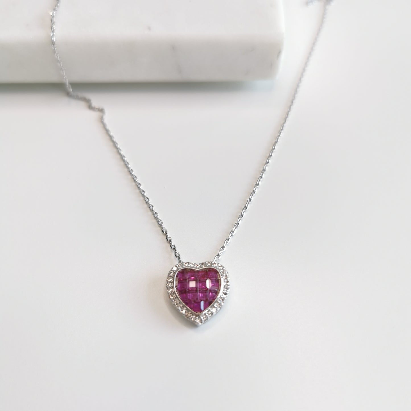 COLLIER COEUR MOSAIQUE TOURMALINE ROSE ET ZIRCONIUM