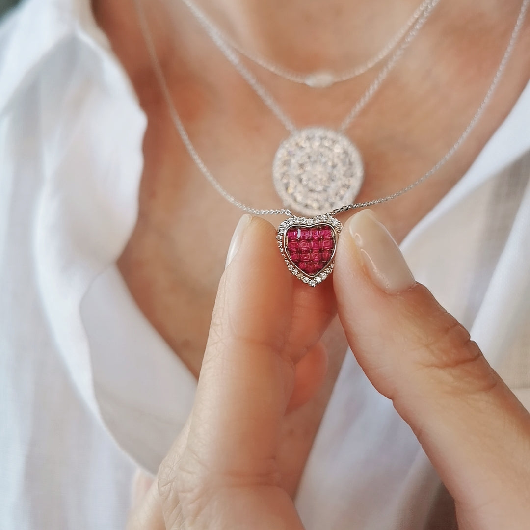 COLLIER COEUR MOSAIQUE TOURMALINE ROSE ET ZIRCONIUM